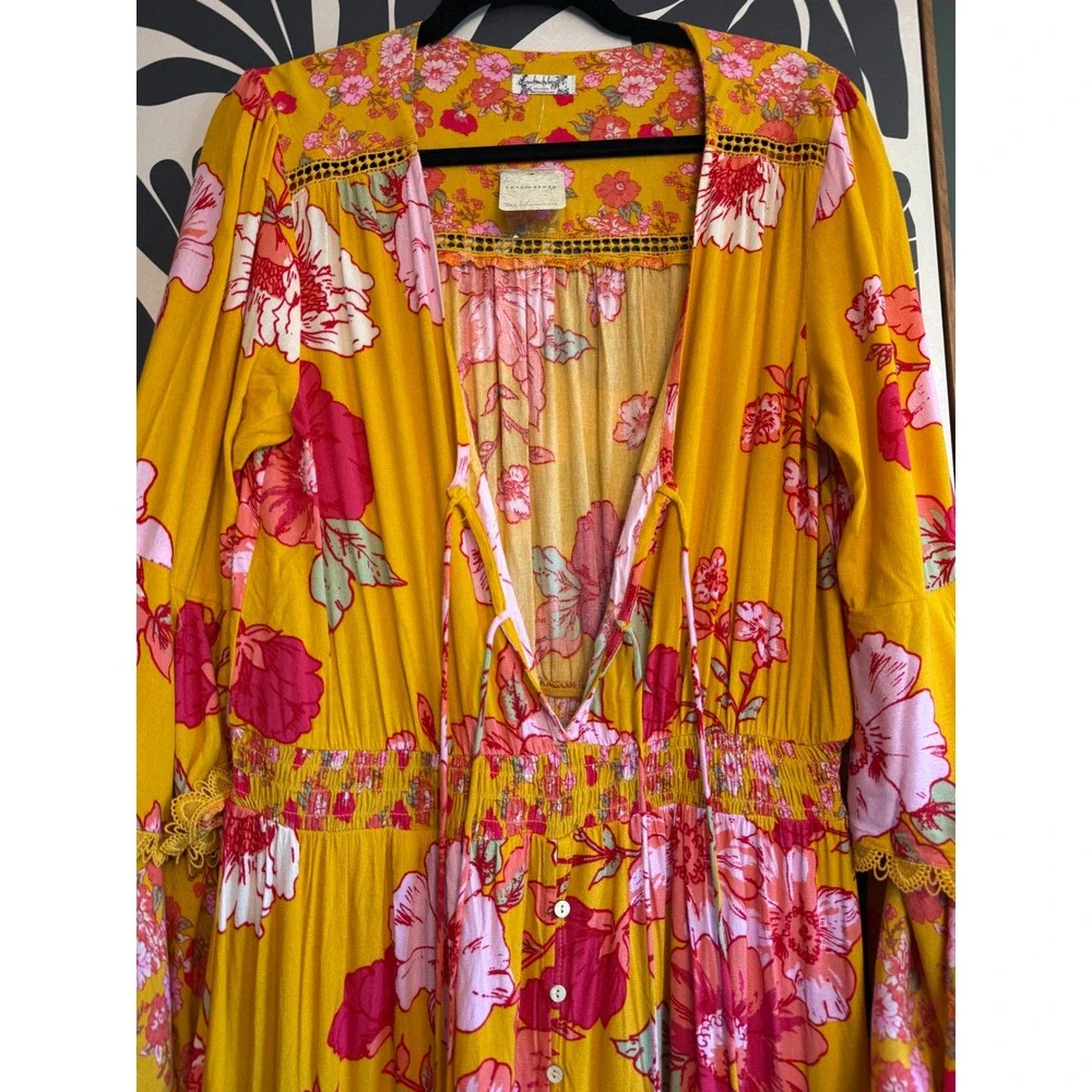 Free People Intimately Penny Printed Maxi Bodysuit Gold Floral Boho Dress M